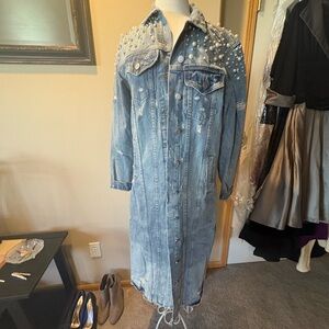 Denim Longline Jacket with Pearl Embellishments